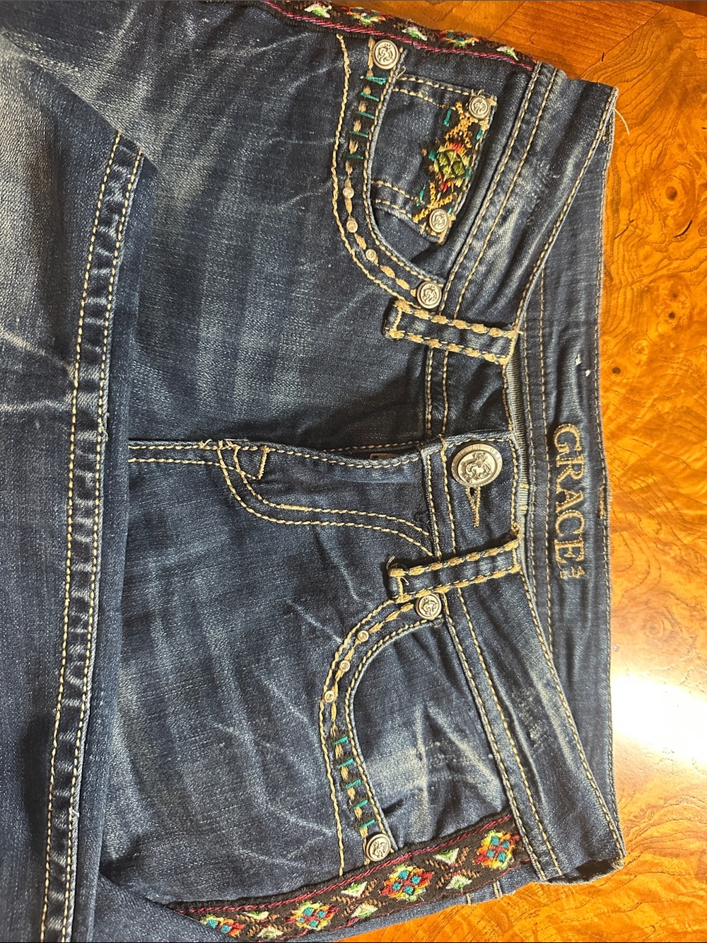Grace Dark Blue Straight-Leg Jeans with Multicolor Embroidered Trim - Picture 2 of 10